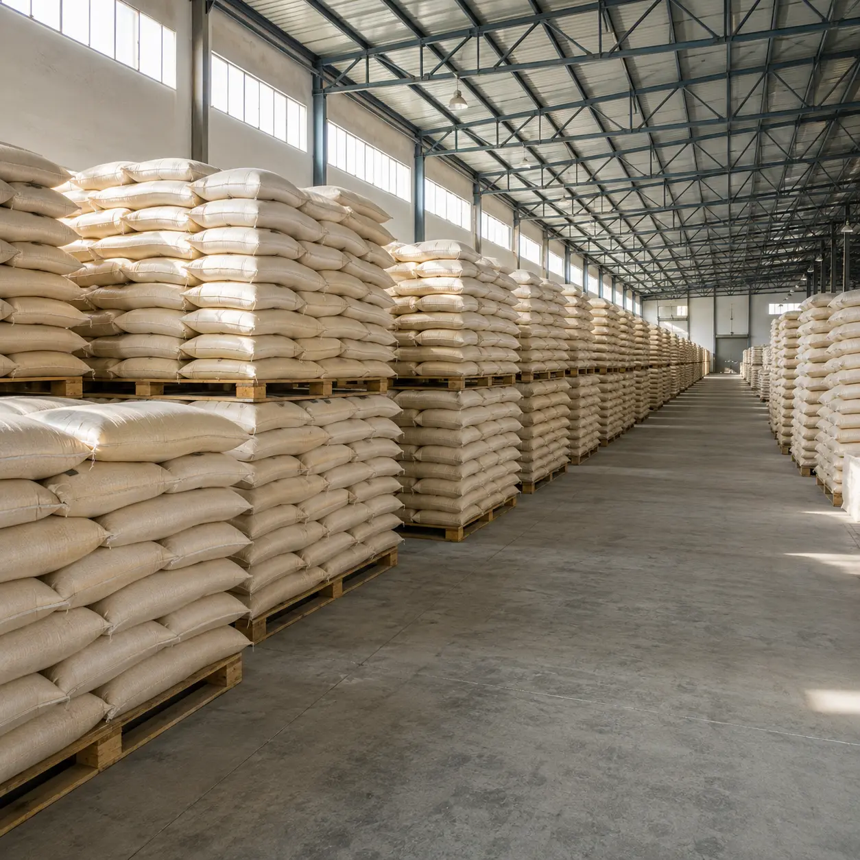 Flour sacks stacked on pallets in a warehouse