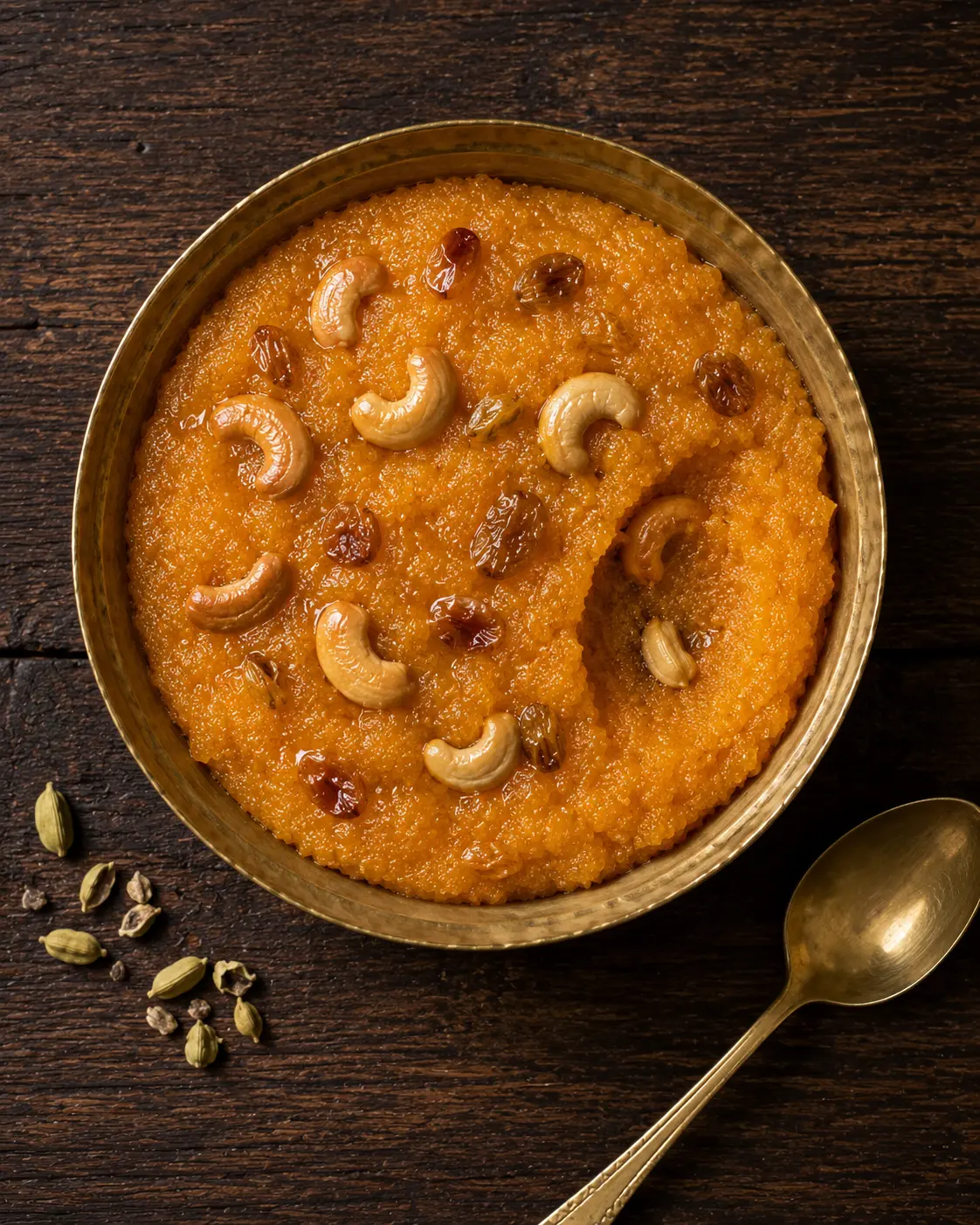 A bowl of suji halwa topped with cashews and raisins